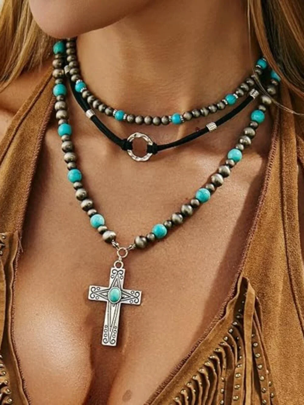 Western Boho Turquoise Cross Layered Necklace Navajo Pearl Cowgirl
